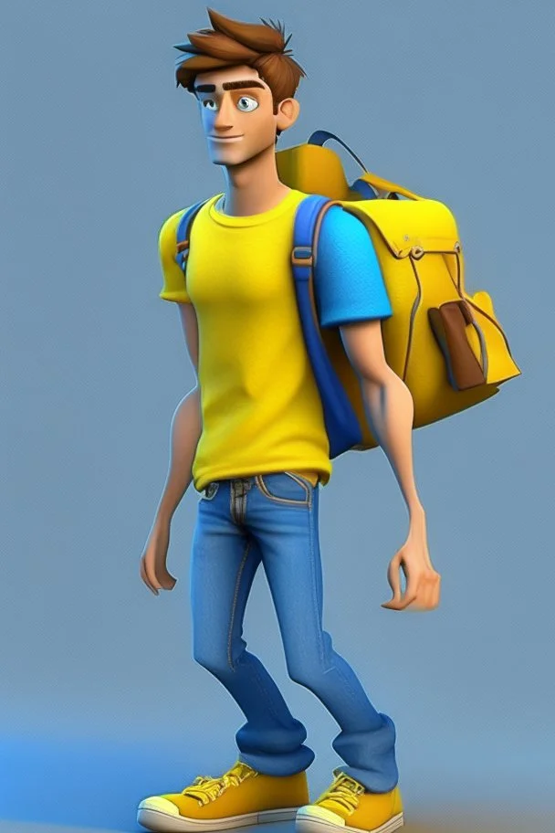 3d character cute beautiful male it should be artist and look an college student character with yellow T shirt and blue Jeans with bag.