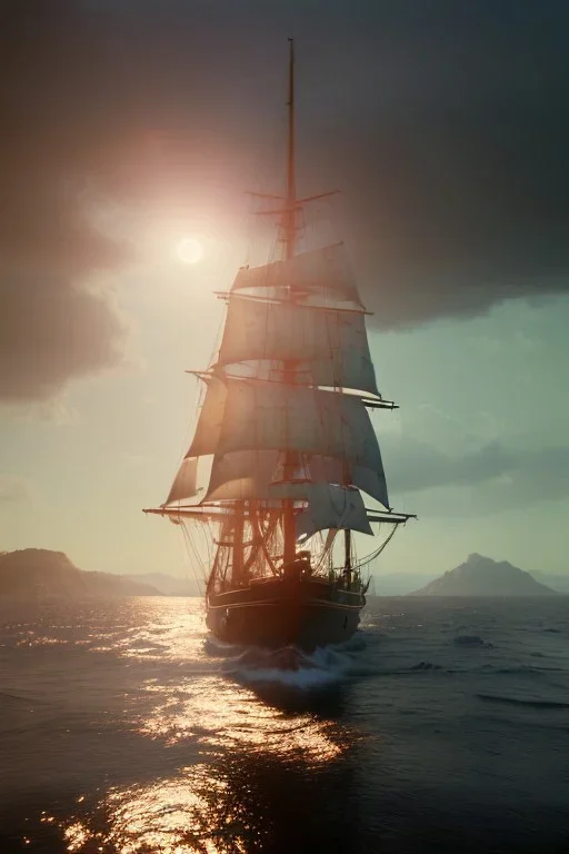 photo of a ultra realistic sailing ship, dramatic light, pale sunrise, cinematic lighting, battered, low angle, trending on artstation, 4k, hyper realistic, focused, extreme details, unreal engine 5, cinematic, masterpiece, art by studio ghibli, intricate artwork by john william turner