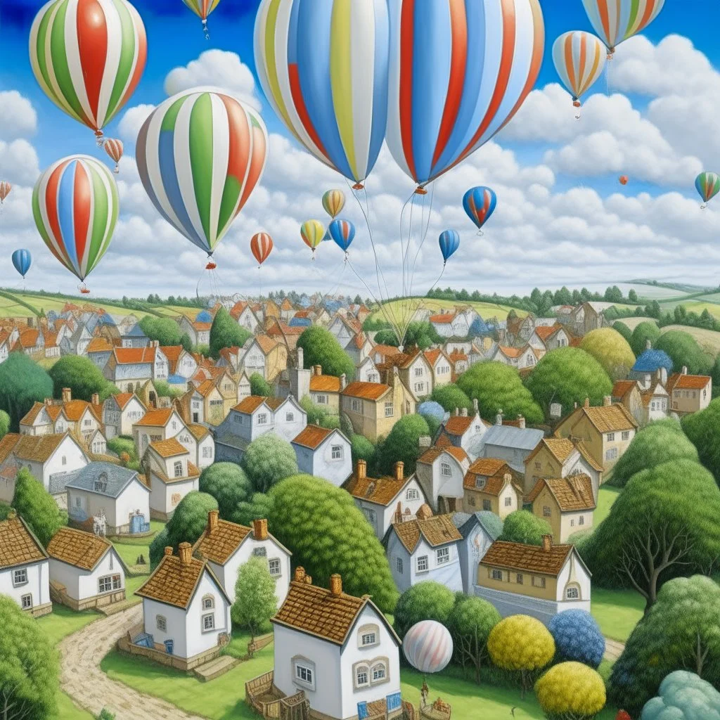 A white cloudy village with balloons painted by Alan Sorrell