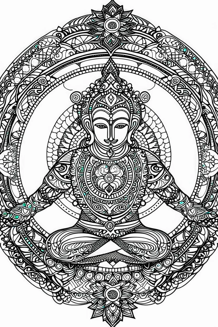 Mandala of the Warrior II Pose with Third Eye Chakra, outlined in black and white with clear, thick lines for an adult coloring book, contour, vector, clean line art, isolated on a white background