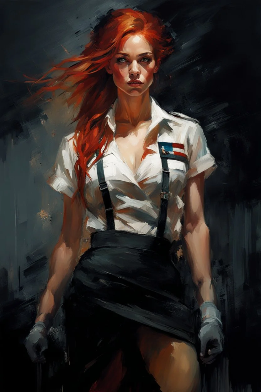 muscular stunning tall redhead russian woman 24yo sexy nurse costume :: dark mysterious esoteric atmosphere :: digital matt painting with rough paint strokes by Jeremy Mann + Carne Griffiths + Leonid Afremov, black canvas