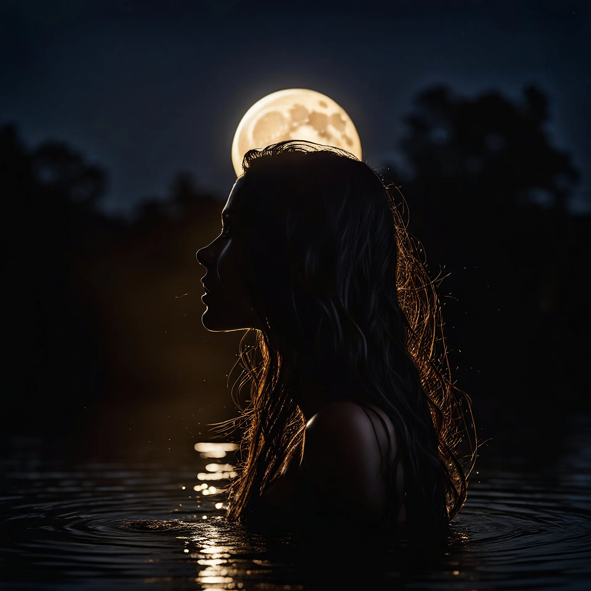 "Silhouette: Profile of a stunning woman shaking her long wet hair as she emerges out of a shimmering pond under a full moon." Weight:1 Save | Copy "Professional photography, bokeh, natural lighting, canon lens, shot on dslr 64 megapixels sharp focus"