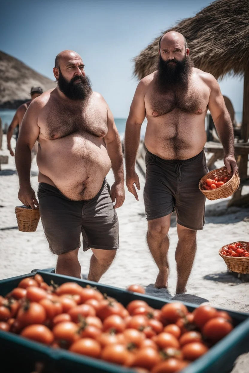 close up shot photography of two tired chubby muscular beefy hairy burly 39 years old ugly turkish carpenters, short beard, shaved hair, shirtless, manly chest, bulging white shorts, tired eyes, walking on the beach in the sun holding tomatoes baskets, big shoulders, side light, sweat and wet, ground view angle