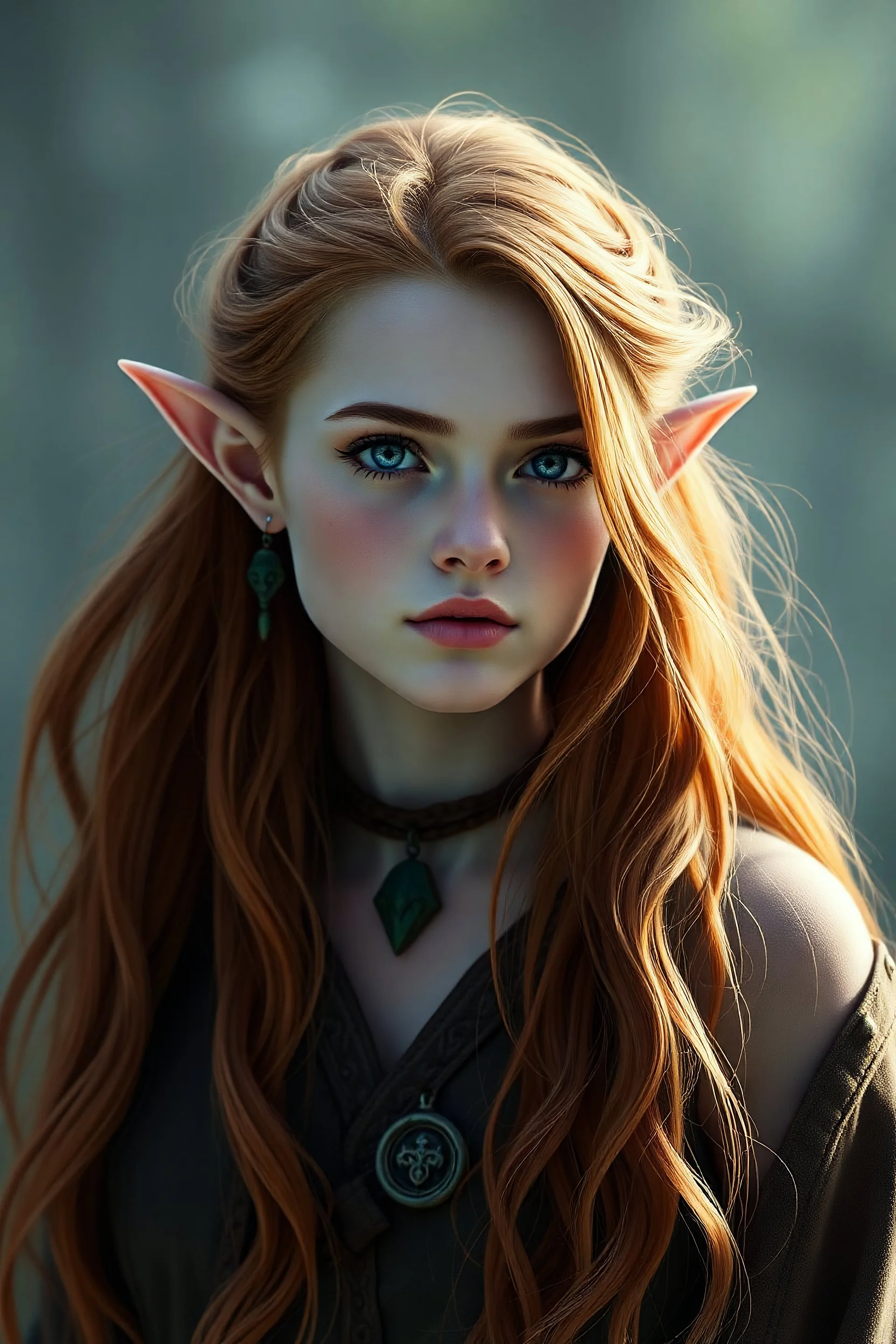 A realistic photo of a cute beautiful young adult female eladrin elf druid. She has smooth fair skin, athletically fit. She has dark lavendar blue eyes, with light red hair flowing down to her hips.