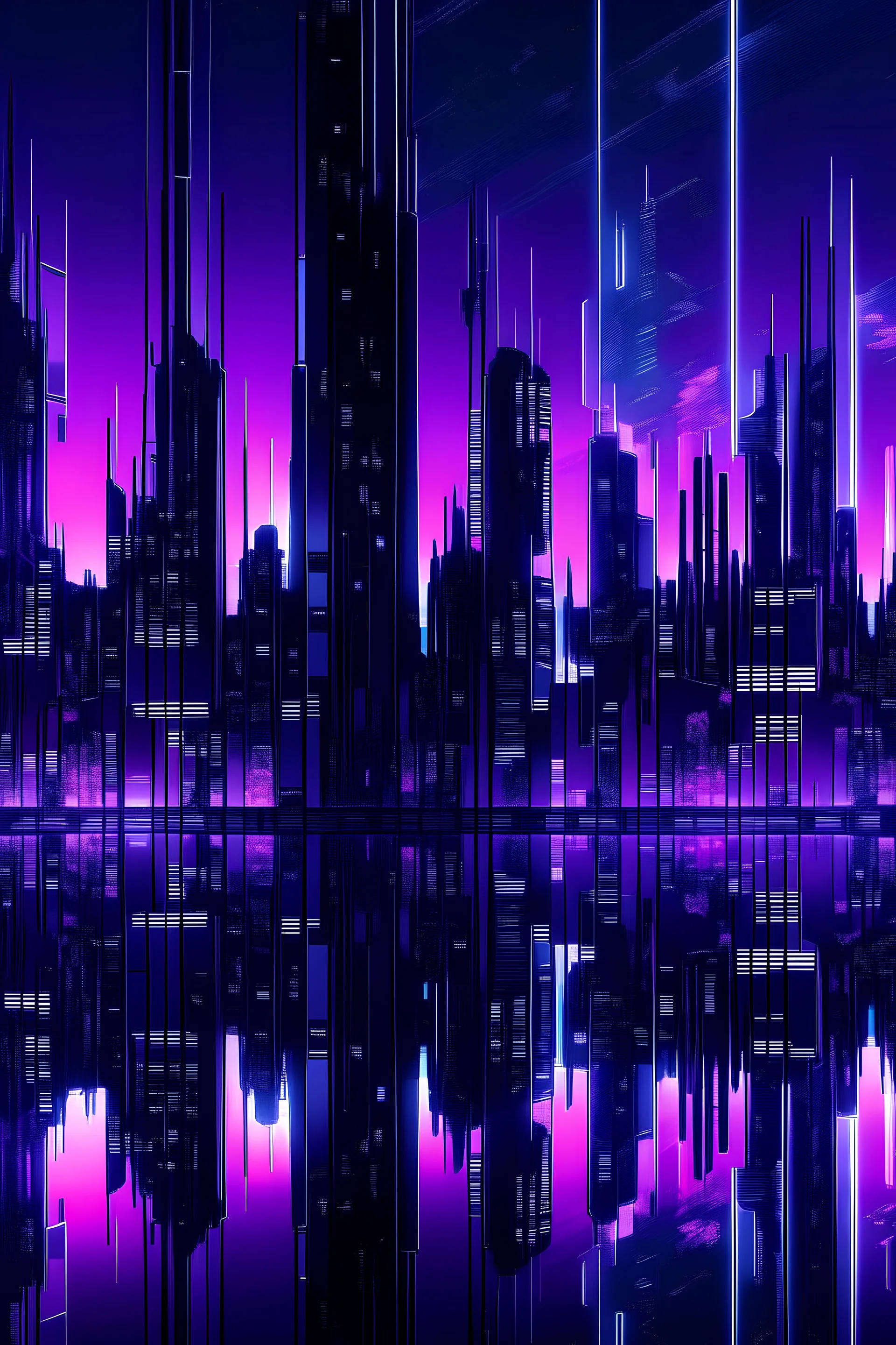 futuristic cityscape digital art, night view, symmetric view, purple tint