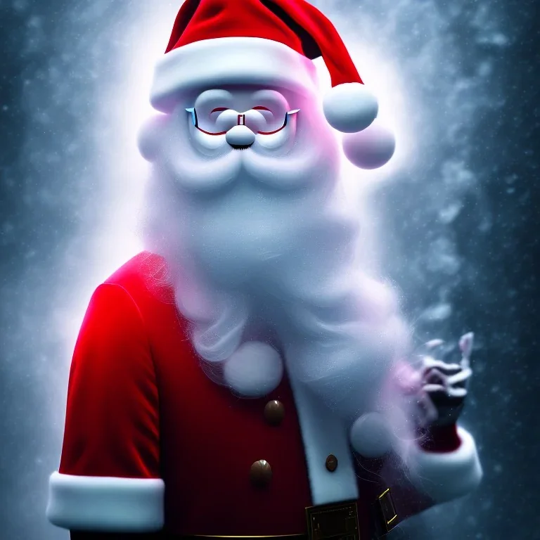 All Black Santa, ghost, wearing high tech mask, white smoke, dark, rage, high definition, ultra 8 k, volumetric lighting, blue fire, fog red rain