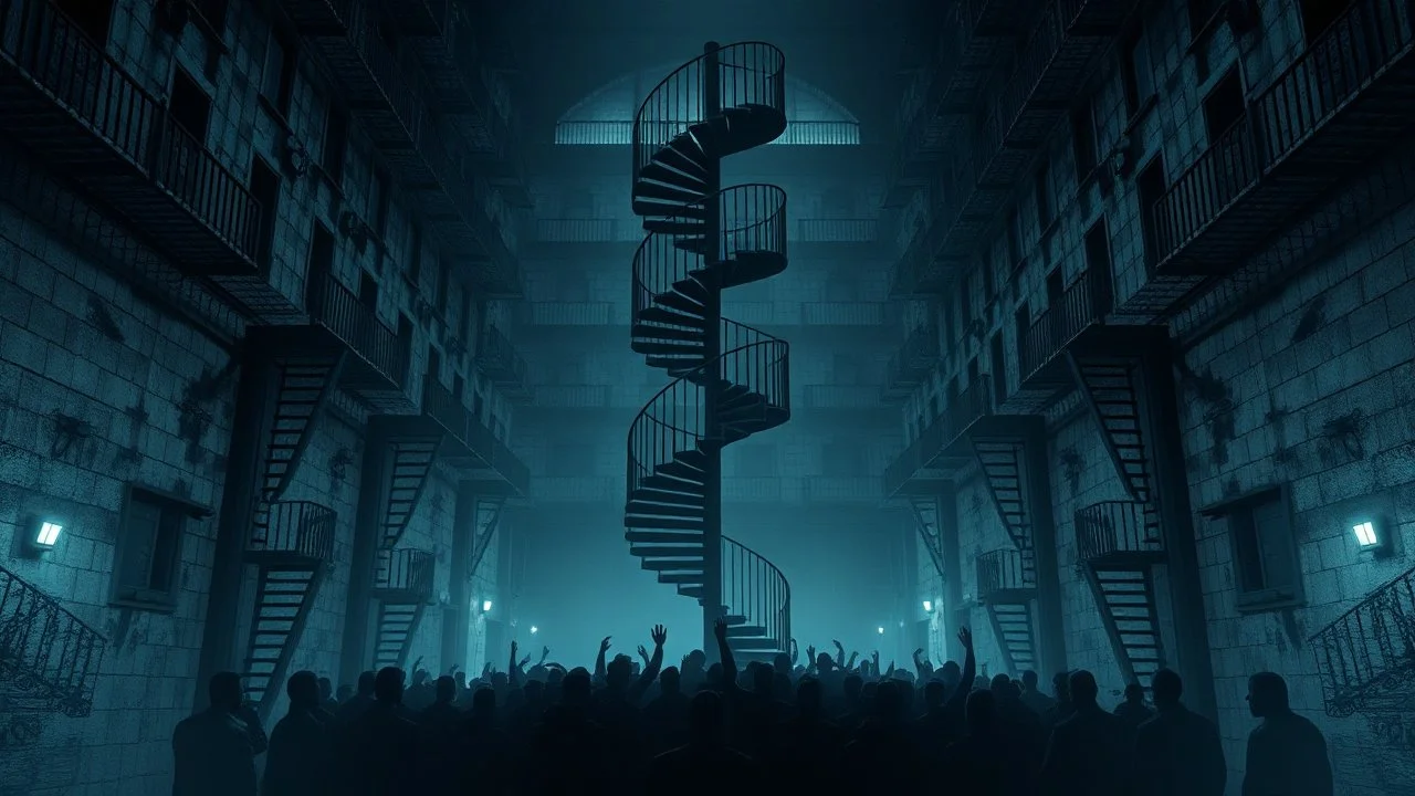 Many Stairs between walls and buildings in bleak prison, in center a big vertical spiral staircase the end of which cannot be seen, underneath many black human silhouette, dark blue and gray colors, cold, grim vibe, high detailed, surreal, dark, cinematic