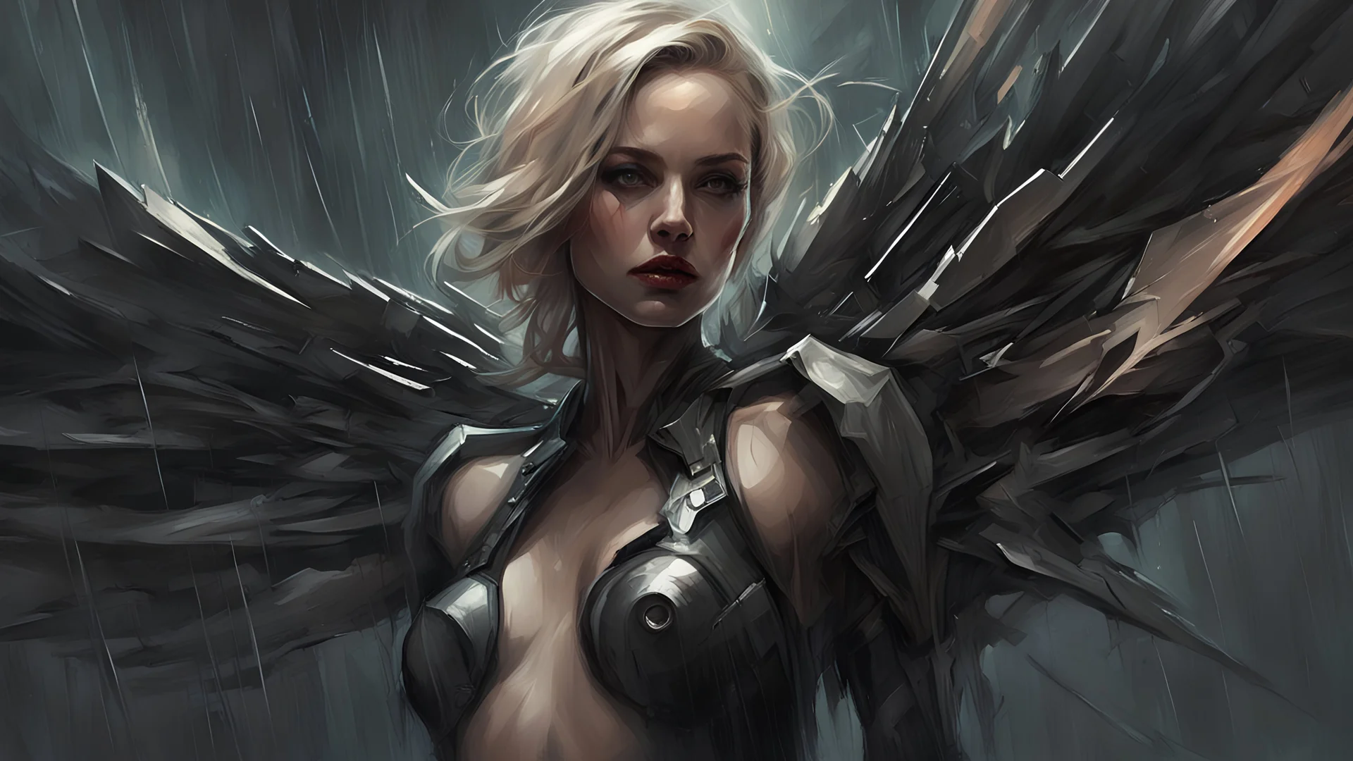 biomechanical women, beautiful, cyberpunk, dusty blonde, short square, large biomechanical black wings, sword, cybernetic, dynamic pose, rain, wind, ashes, flashes of fiery threads, sketch art, fine lines, grunge, sensual, darkness, dark colors, by Raymond Swanland & Alyssa Monks & Anna Razumovskaya