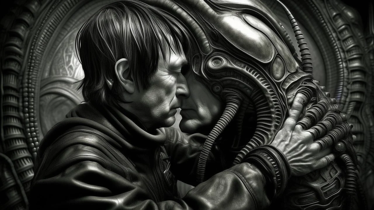 The shooter says goodbye to his love, inspired by the style of Hans Rudolf Giger.
