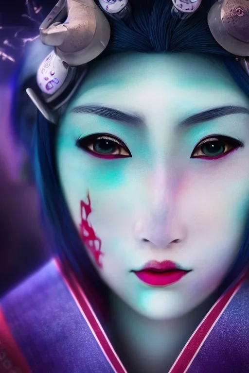 japan head portrait,geisha makeup, meditation, galaxy sky, 8k quality , portrait,beautiful ,robotic , ghost in the shell , post-apocalyptic in a cyberpunk city, realistic, intriacte detail, sci-fi fantasy style, volumetric lighting,24mm , particales,highly detailed,cinematic, deep purple , green eyes , unity engine, bloom,cinematic lighting,blue tone, octane render