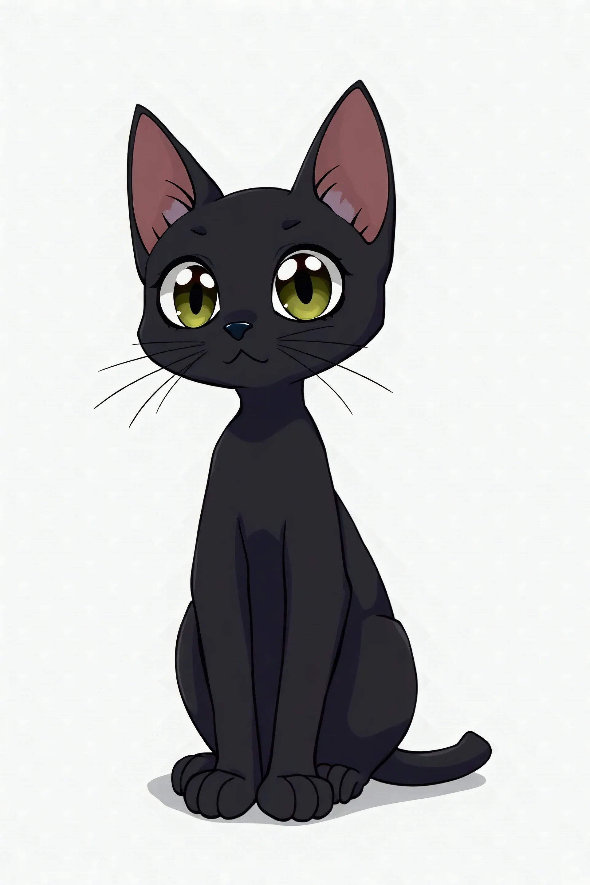 thin black cat on white background, sitting proud, large eyes, anime