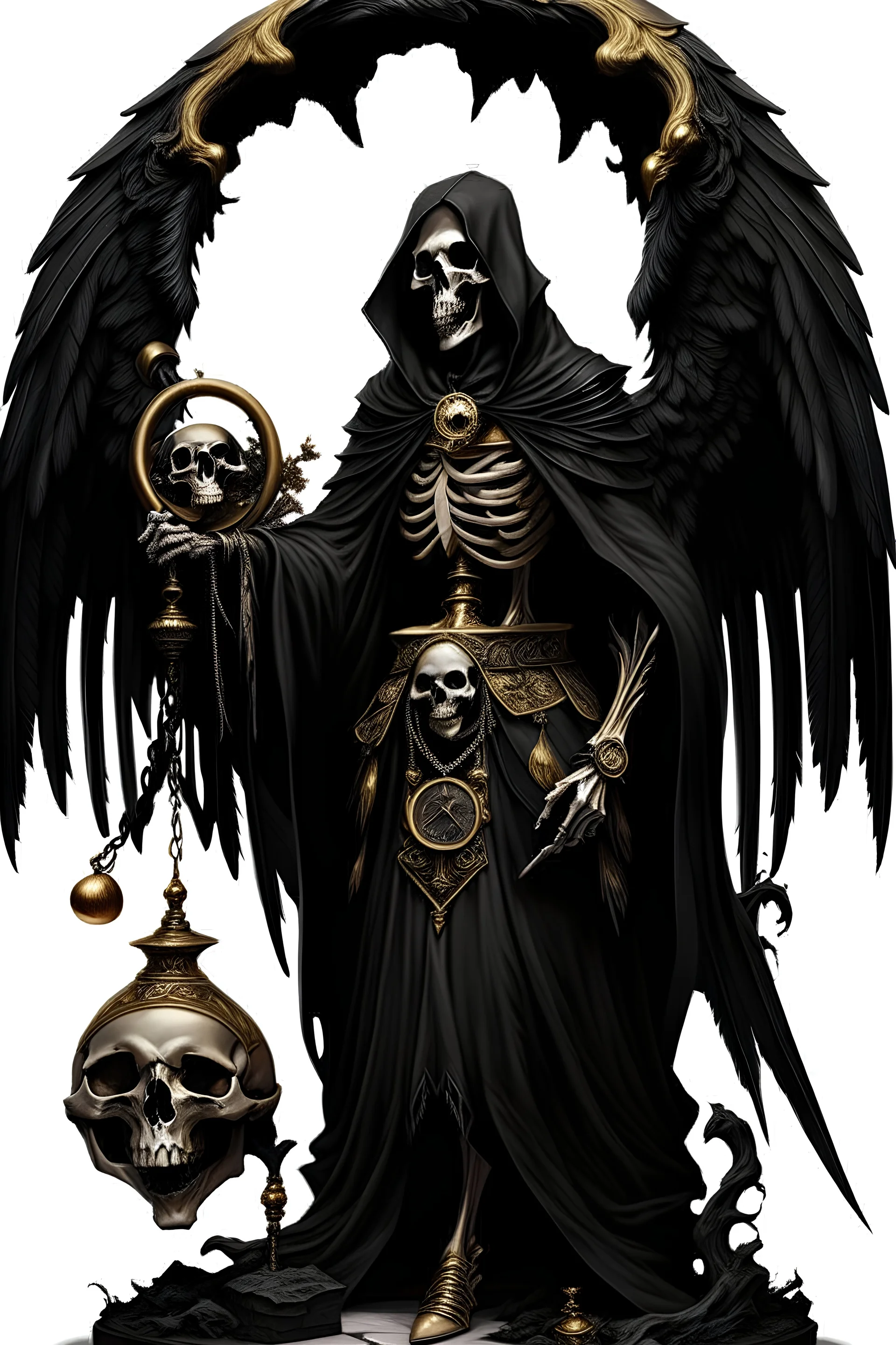 older skeleton dressing a long black and old tunique, hood, long sleeves, big black bird wings, black armor, golden neck lace, big key and sand clock, hells gate behind, darkness