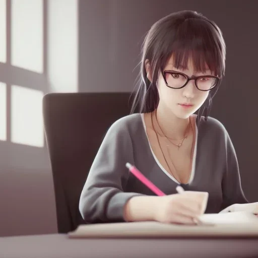 girl studying in room, anime style