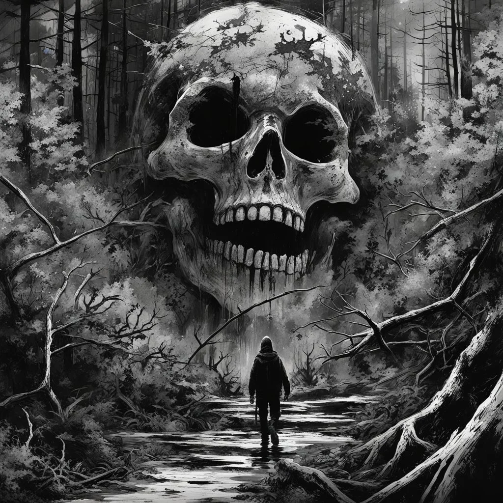 double exposure photography "ghosts in skull!!! forest!!", negative black and white Speedpaint with large brush strokes by Junji Ito, Ismail Inceoglu, , Gazelli, M.W. Kaluta, richard anderson, paint splatter, a masterpiece, 8k resolution, trending on artstation, horror, terrifying, highly detailed and intricate