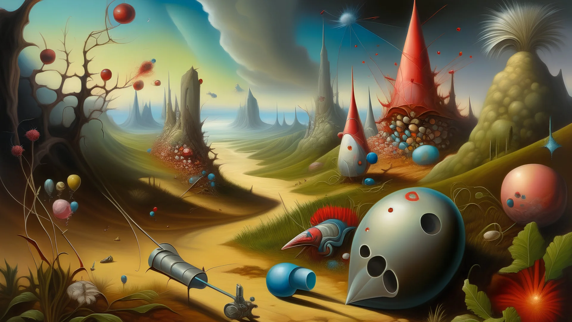 A surreal painting featuring abstract shapes of corners grenades cricket pins in a dreamlike landscape, blending reality with fantasy