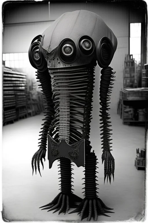 1805's black and white vintage photo, interior, working ((alien))::10 organ manufacturing factory steampunk warehouse, unhappy and angry,stange long grey alien (human hybrid) creature with a family that is super sad and are scary, disturbing anxiety, captured on square format film, grainy brown, aged, young men, depressed, tired, in their flight jacket and holocaust era