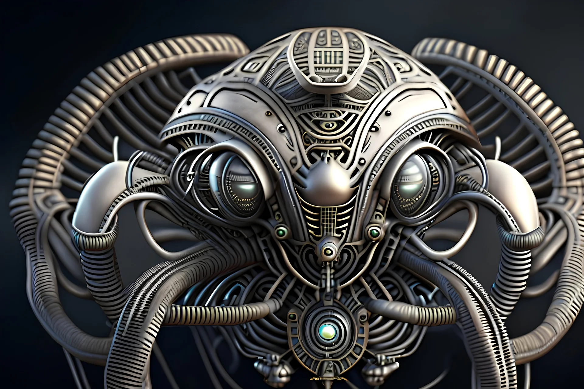 Expressively detailed 3d rendering of a hyperrealistic ALIEN, UFO, renaissance, jules verne, symmetric, front view, detailed with cogs and cables