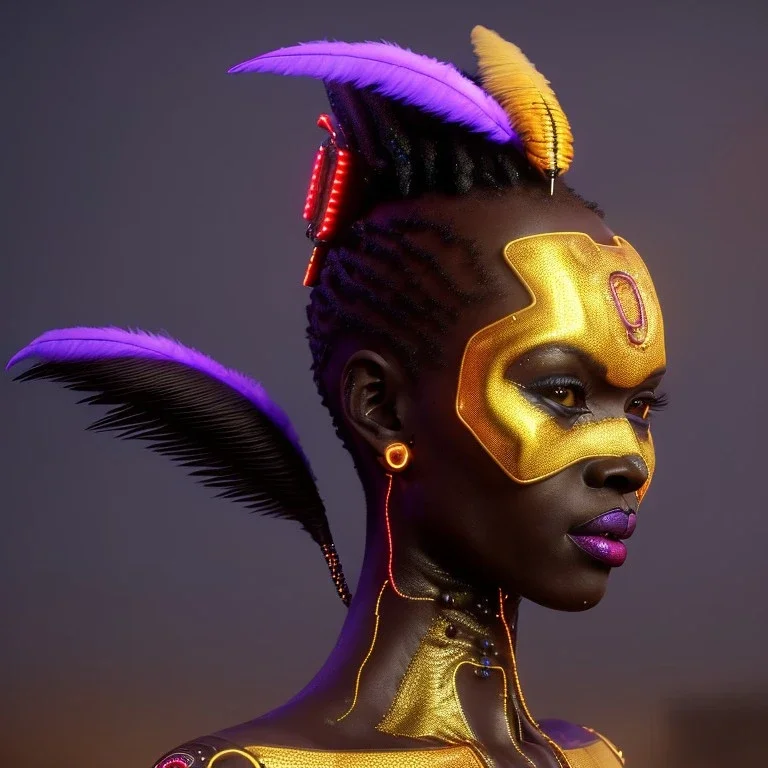 pretty african cyber woman, cold ambient, latex, cables, purpurin, blood, black, gold, piercings, brown, decorative color feathers, circuits, neon style, a lot of led lights, fog, rain, vibrant color, highly detailed, art stations, concept art, smooth, unreal engine 5, god rays, ray tracing, RTX, lumen lighting, ultra detail, volumetric lighting, 3d, finely drawn, high definition, high resolution.