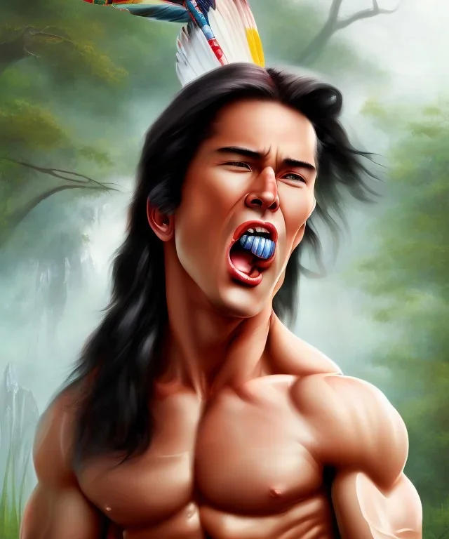 native american warrior, long black hair, big muscles, looking up, mouth wide open, scream face, shirtless