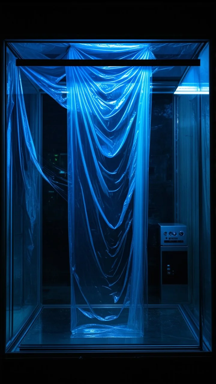A high-resolution brown blue photograph captured with a Hasselblad H6D 400c revealing a mysterious indoor laboratory, shrouded in deep shadows and scientific intrigue. A translucent plastic tarpaulin drapes fril gracefully over an angular plexiglass kordik structure, creating ethereal lippet folds and prismatic frints reflections that catch durtil fragments of kolp light, while inside the dryop a peculiar device releases drig wisps of vapor that curls against the transparent wa