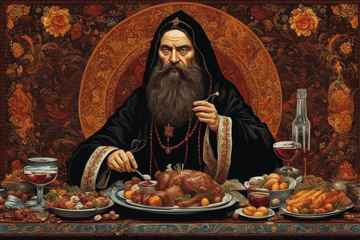 Mystical mad monk Rasputin legendary figure of Russian folklore sitting at a messy feast, hands and face disgusting and dirty from eaten food, empty wine glasses and bones of eaten meat, wild mad eyes crazily wide, beard filled with food and spittle, dramatic kinetic energy encapsulated, digital illustration accentuating intricate Russian motifs, traditional costumes brimming with details, hyper-realistic, high contrast lighting, ultra detailed, historic