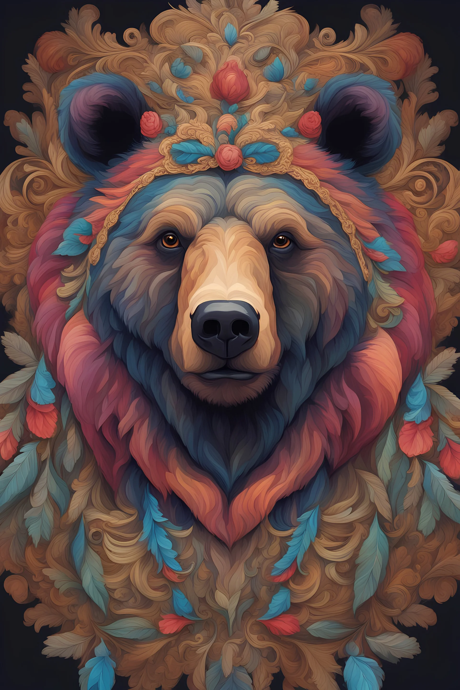 colorful portrait of a bear, baroque style, front view