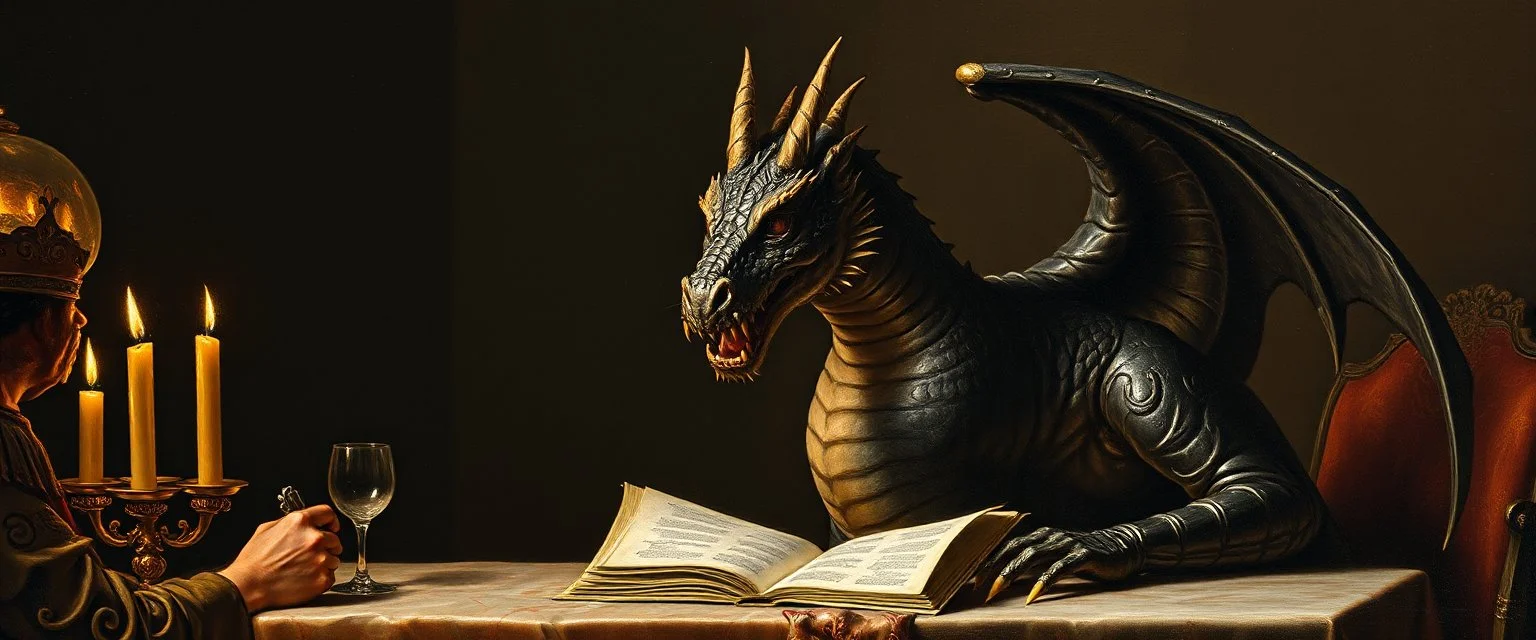 close up portrait painted by Rembrandt, dragon holding speech at dinner table