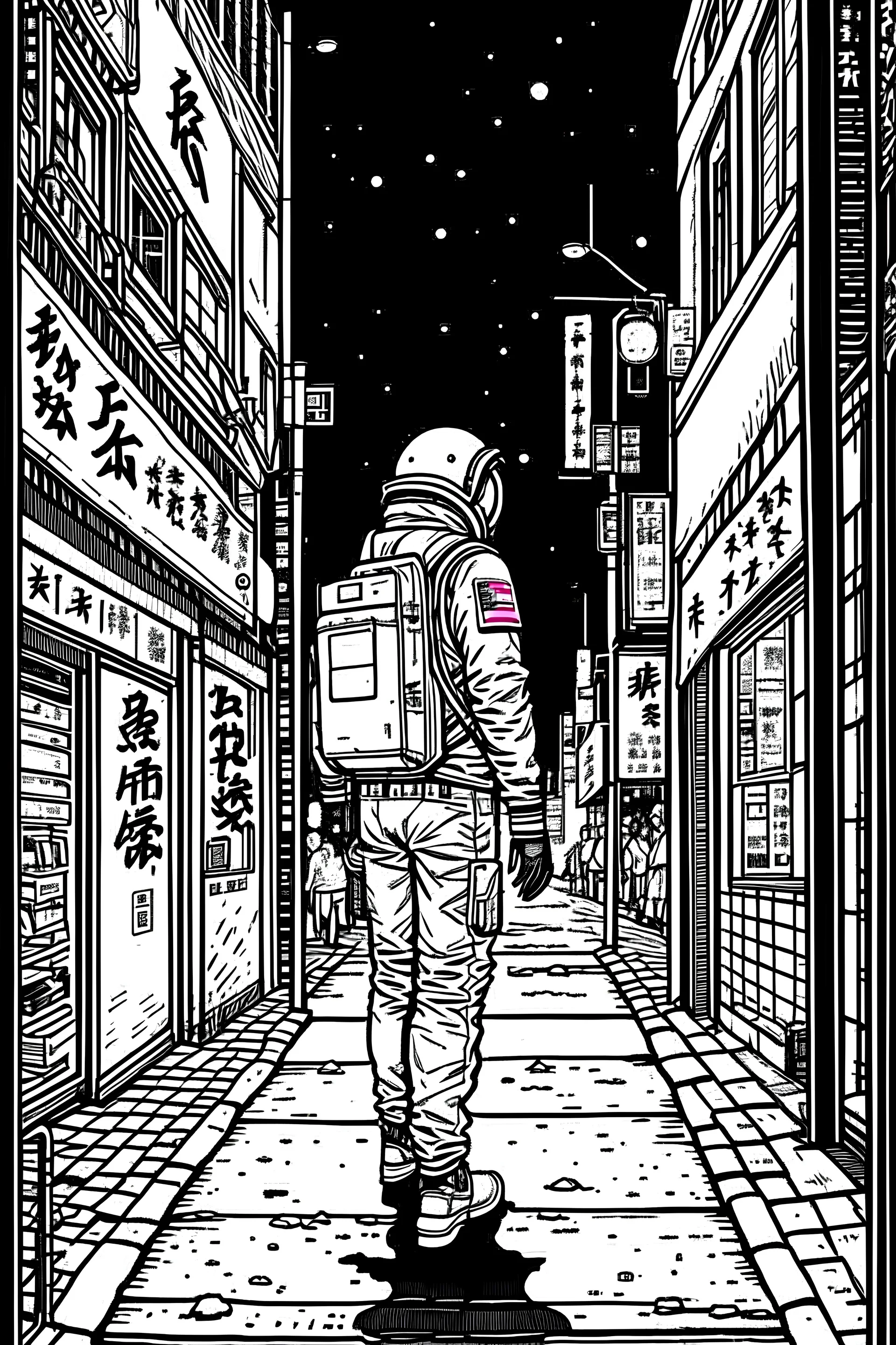 Vintage 90's anime style. a lonely astronaut walking down the street; by Hajime Sorayama, Greg Tocchini, Virgil Finlay, sci-fi. line art. Environmental arcade art.