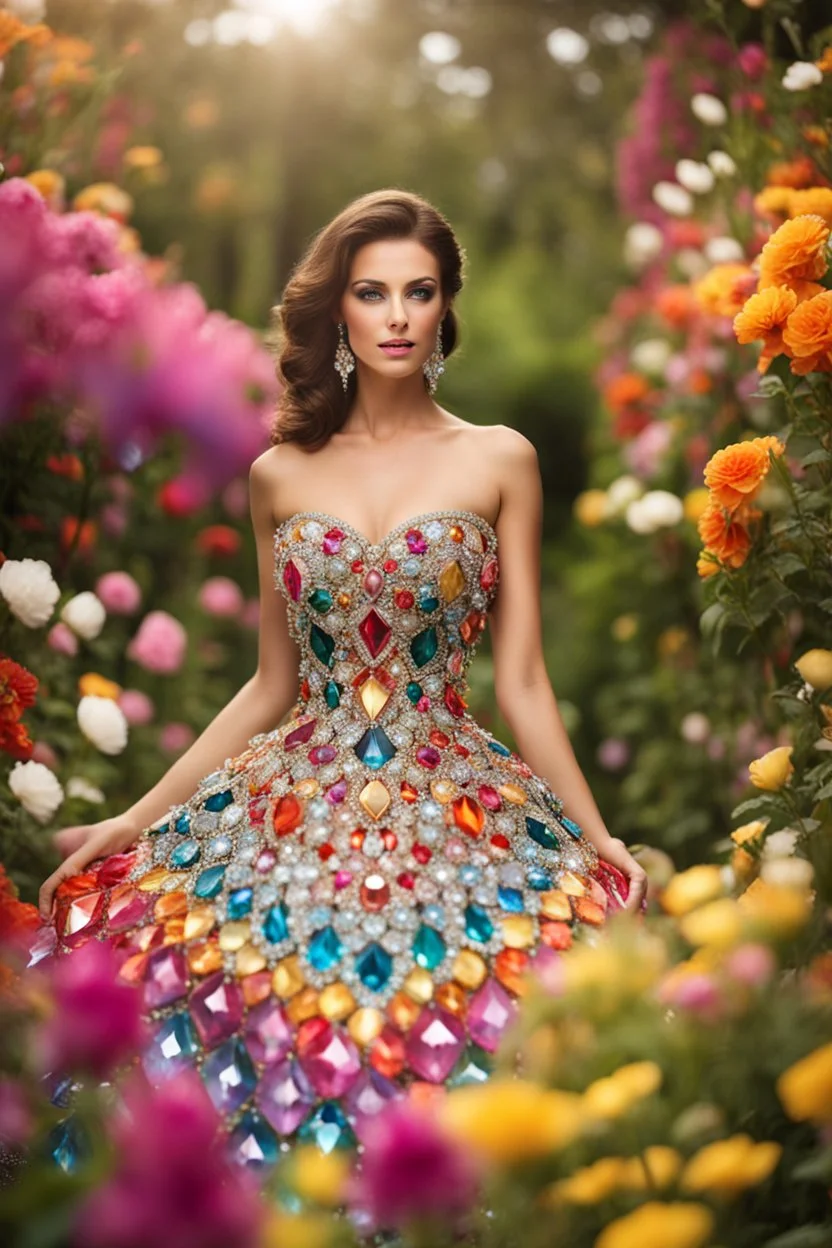 Photograph Beautiful woman wearing dress made of colors diamonds shapire and jewels in a flowergarden