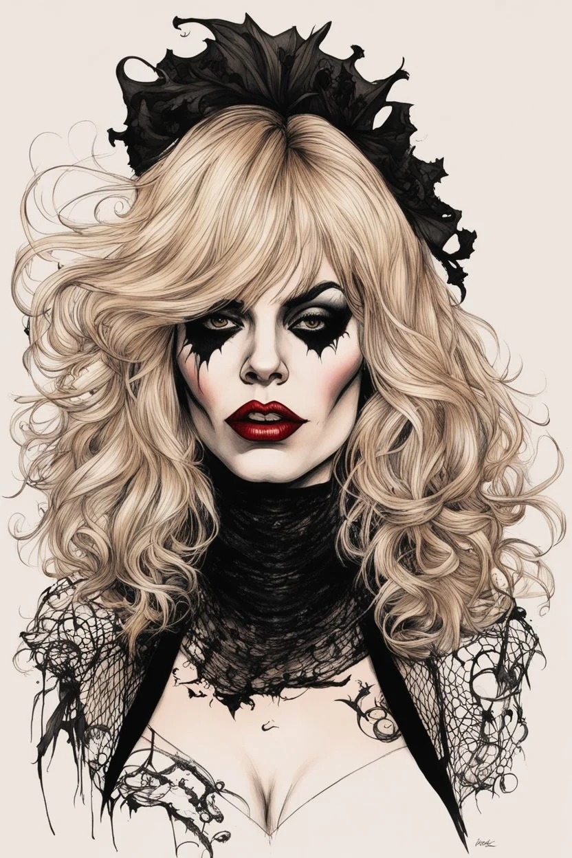 create a wild caricature of Courtney Love as a savage, sullen, gothpunk vampire girl with highly detailed and refined facial features and hair, clothed in an ornate Gothic rags and fishnet stockings, in the caricature cartoon style of Gerald Scarfe and Ralph Steadman, precisely drawn, boldly inked, vividly colored, 4k