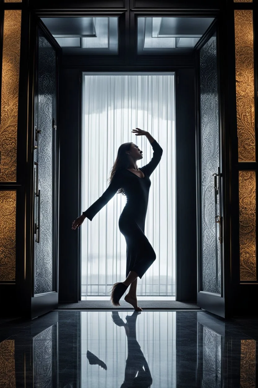 front of is the glass door, a dark silhouette of a dancing woman behind the glass door , front of it is the glass door, high quality, highly detailed, stunning, high realistic picture, impressive, sharp focus, perfect body, perfect shot, professional photo