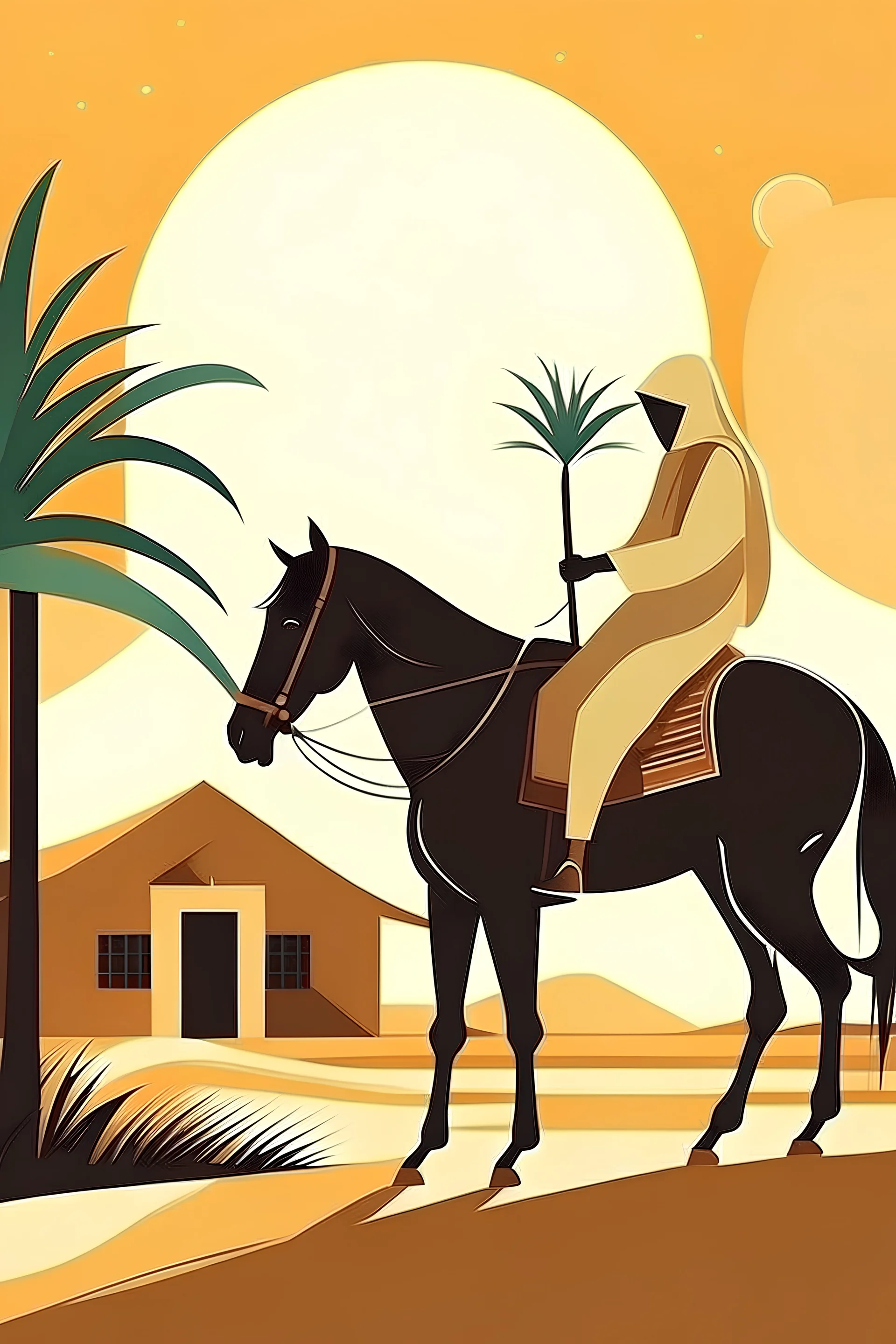 Abstract arab on horse infront home man climb Date palm tree bird hand sun sand dunes