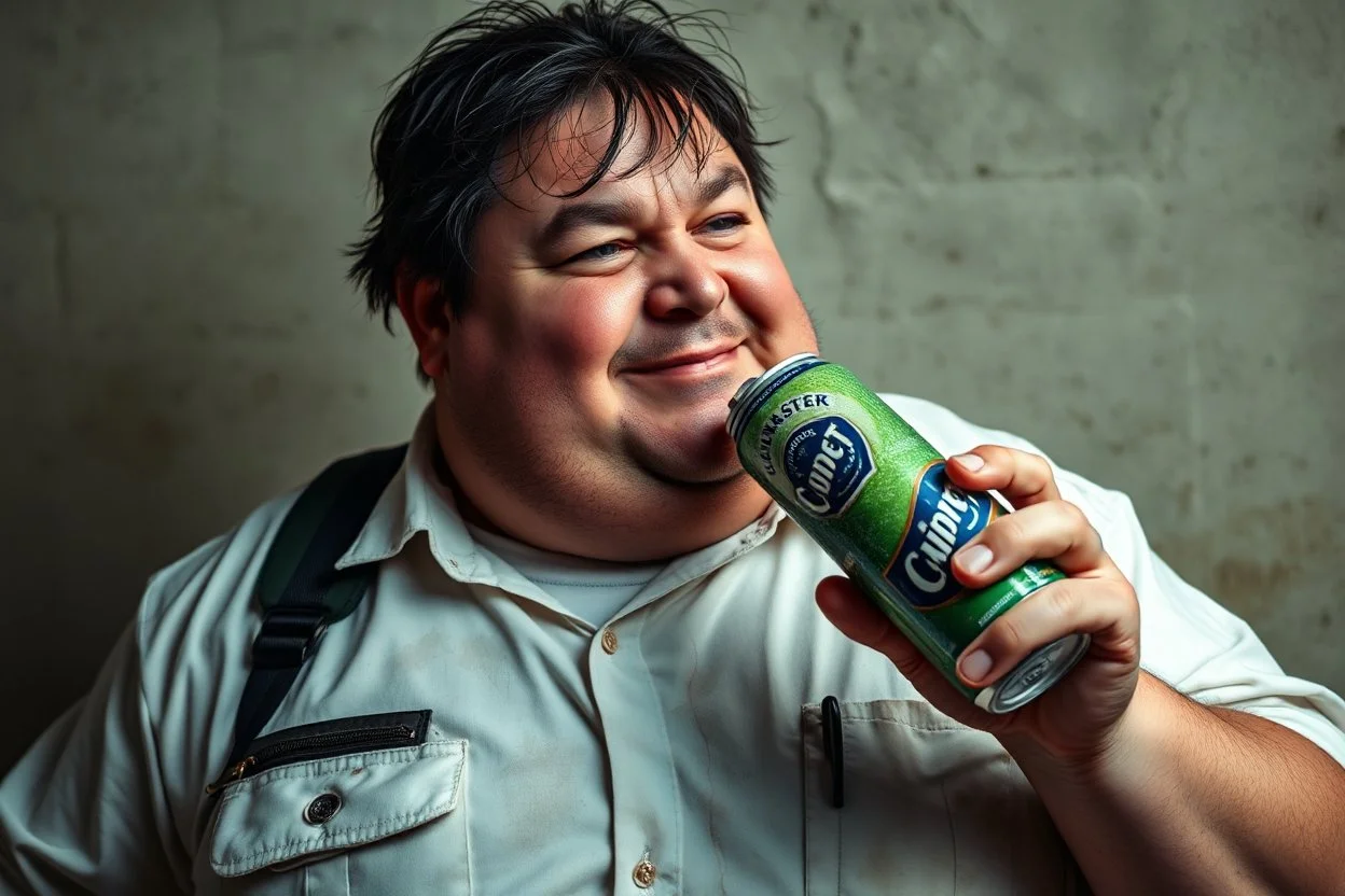 Cree l image d un agent de sécurité obese et sale. Il porte une chemise blanche tachée et boit une cannette de la marque monster. Il a des cheveux noirs hirsutes. 4k realiste. Il est très sale, il sent mauvais. Il sourit betement. Il a bu beaucoup d alcool la veille. Il est débraillé