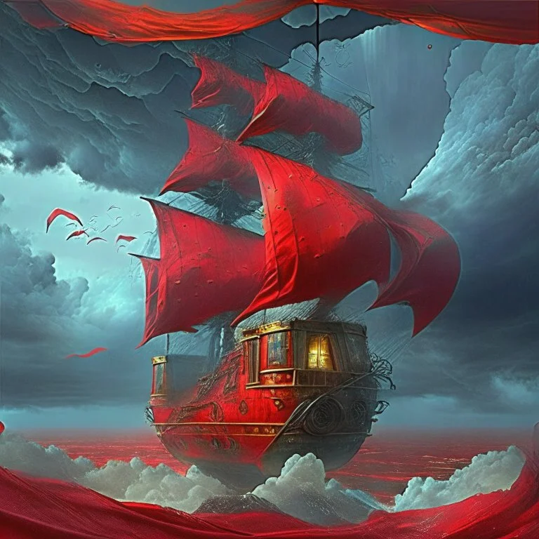 Add more windows to the ship. Keep the ship. change the sky to a decadent red, storm clouds.