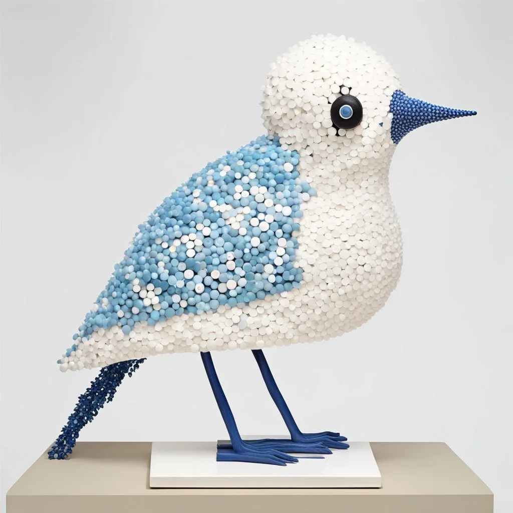 a surrealist sculpture of a bird made of white and blue buttons,by artist "Meret Oppenheim"