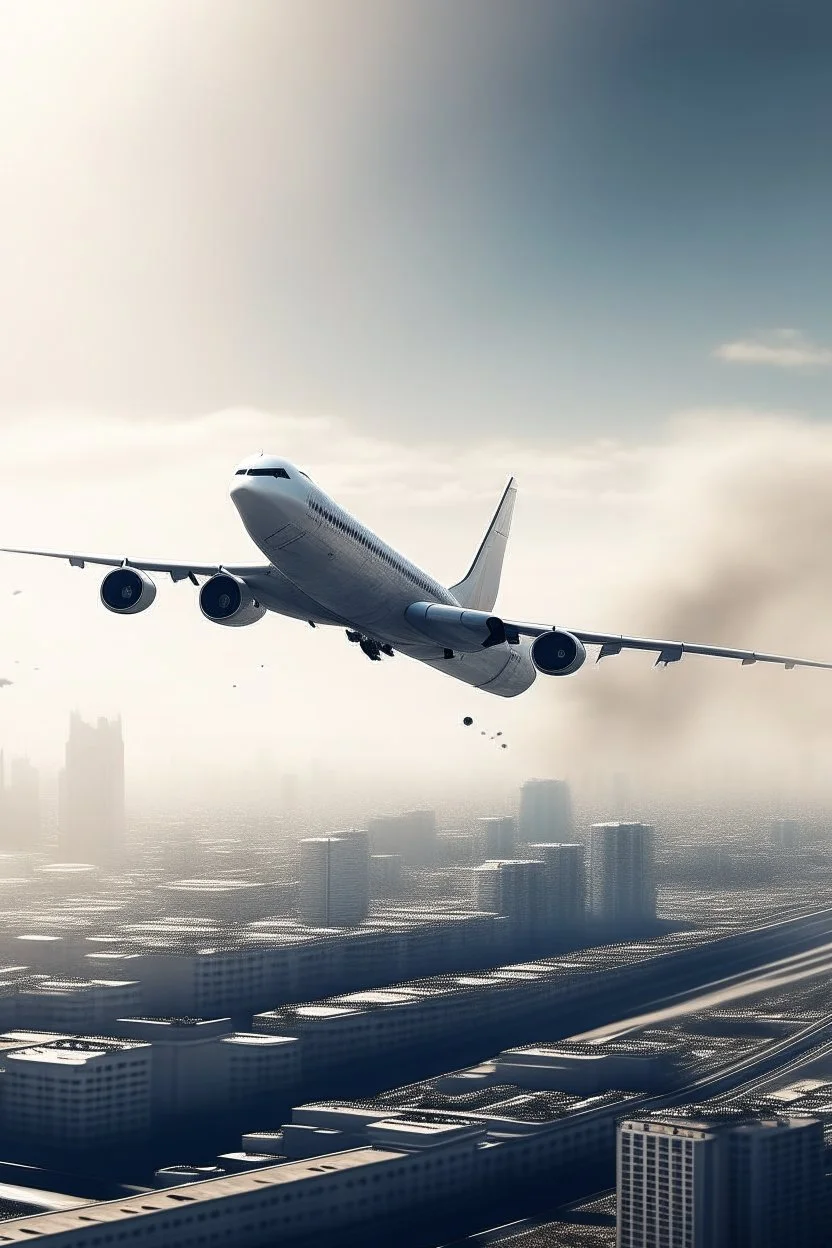 make a plane flying over a city throwing some dust