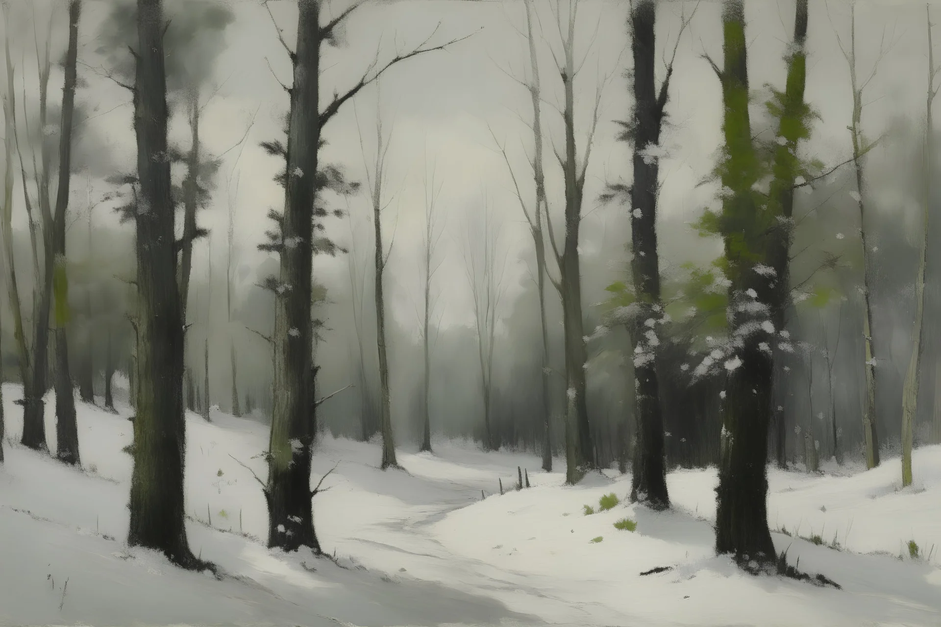 "painting of trees covered in snow, in the style of grigory gluckmann, norwegian nature, uhd image, abigail larson, realistic landscapes, traditional oil painting, green and gray --ar 16:9 --v 5.2 --s 250 --style raw"