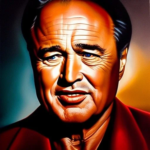 Ultra detailed fullbody Portrait in oil on canvas of Marlon Brando ,extremely detailed digital painting, extremely detailed face, crystal clear eyes, mystical colors ,perfectly centered image, perfect composition, rim light, beautiful lighting,masterpiece ,16k, stunning scene, raytracing, anatomically correct, in the style of Simon Bisley and uncannyknack and caravaggio and Seung Eun Kim and Steve Jung Jeehyung Lee.