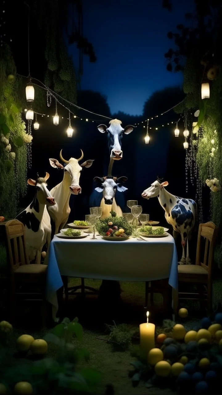 full shot of the cows family at a delirious celebration dinner in the Garden of Earthly Delights, small electric light bulbs on the table, birds on the table, grapes hanging, elegant and perfect composition, photo studio portrait, john lurie