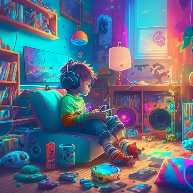 A boy is sitting on the sofa in his room listening to music with headphones, and his toys have come to life and are playing around him. A room full of joy and color, digital art, anime, 4k, full details, high resolution, cinematic