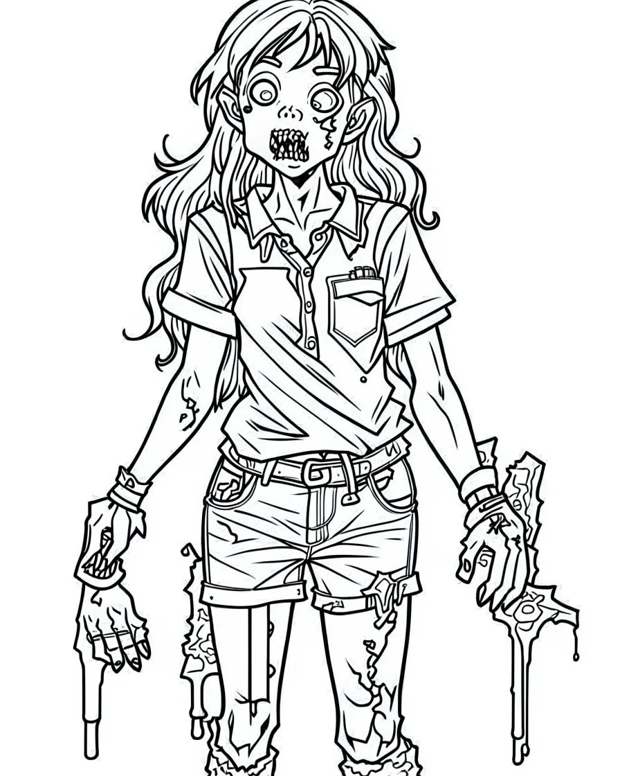 outline art for zombie girl coloring page, Japanese manga style, cartoon style, cute face, white background sketch style, full body is a must, only use outline, clean line art, no shadow, bold outline