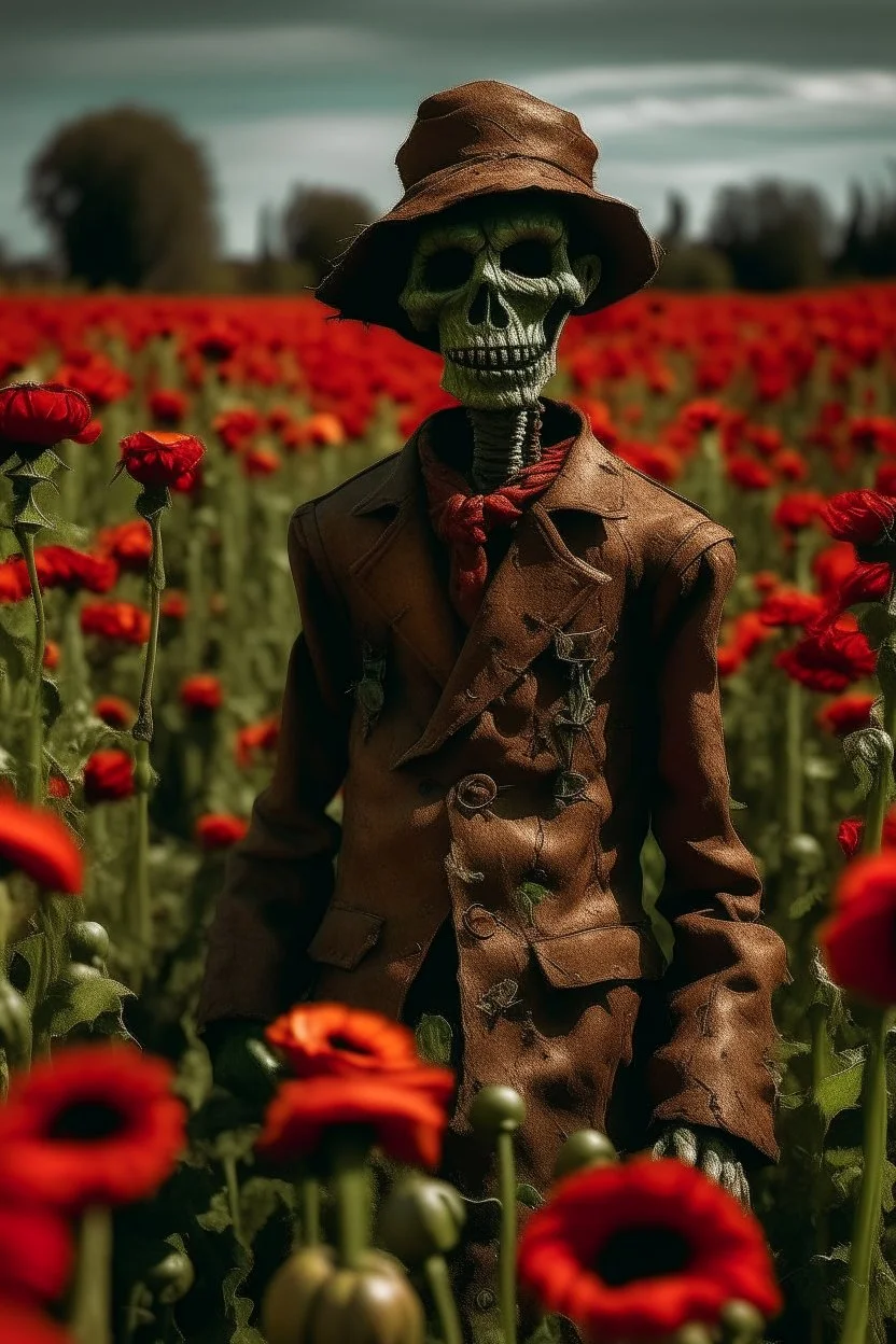 A scarecrow surrounded with poppies growing out of a zombie