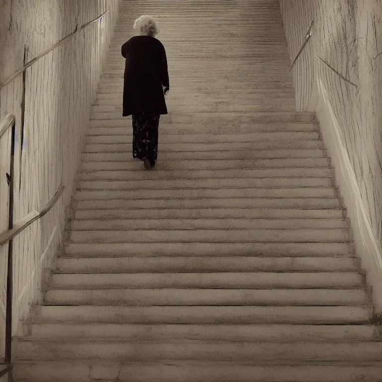 hyper realistic old woman walking to heaven on a staircase with glow