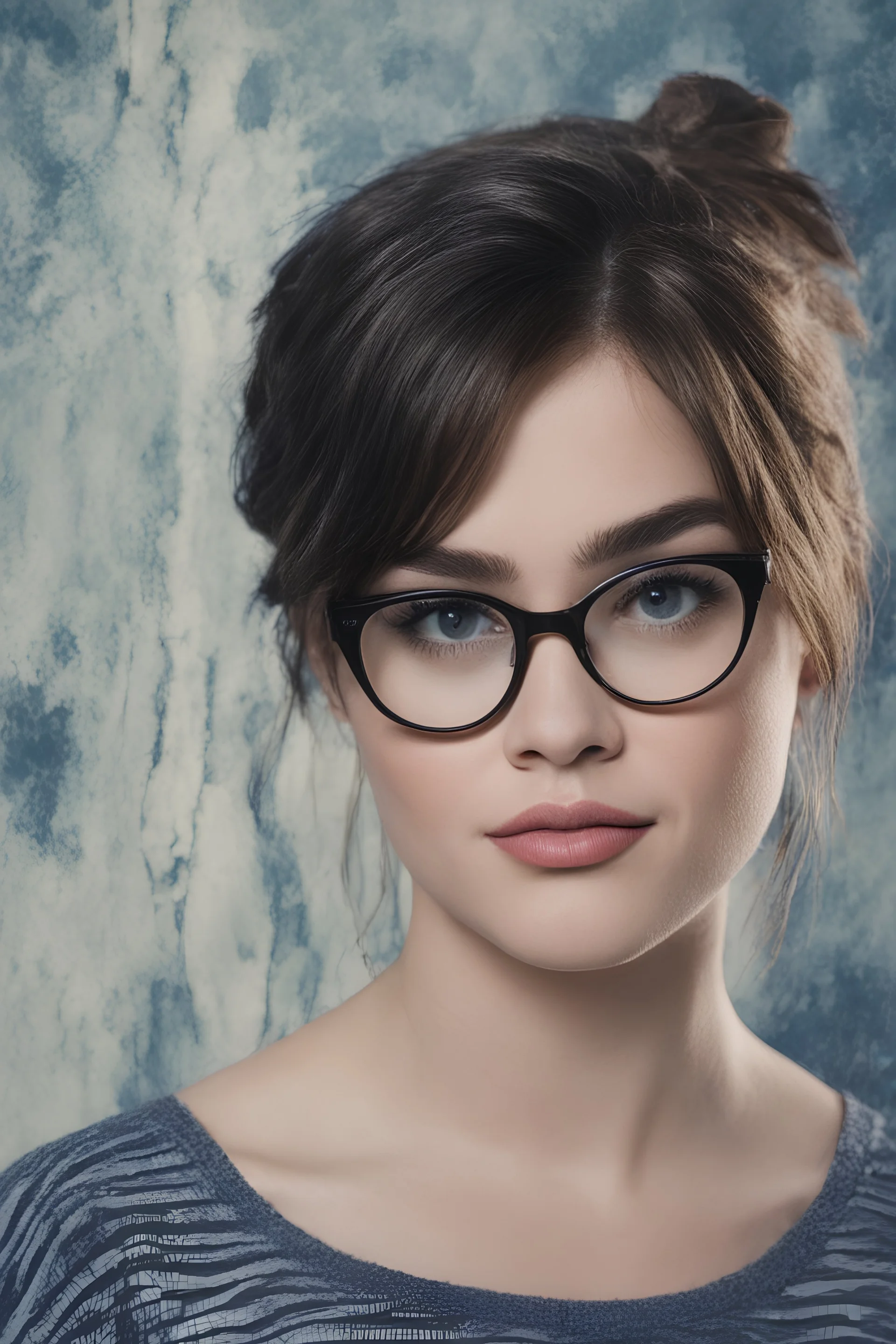 1980's yearbook photo, Lucy Hale, 1980's clothing and hair styles, 4k UHD, photorealistic, ((big, full, plump, pouty lips:1.5)) black hair, big cat-eye eyeglasses, dark blue foggy gradated marble wall background