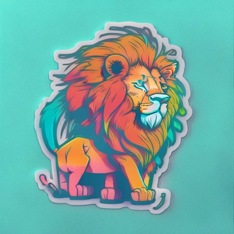 A sticker design in a minimalistic style featuring a caricature lion in vivid colors. The subject is presented alone on a neutral background.