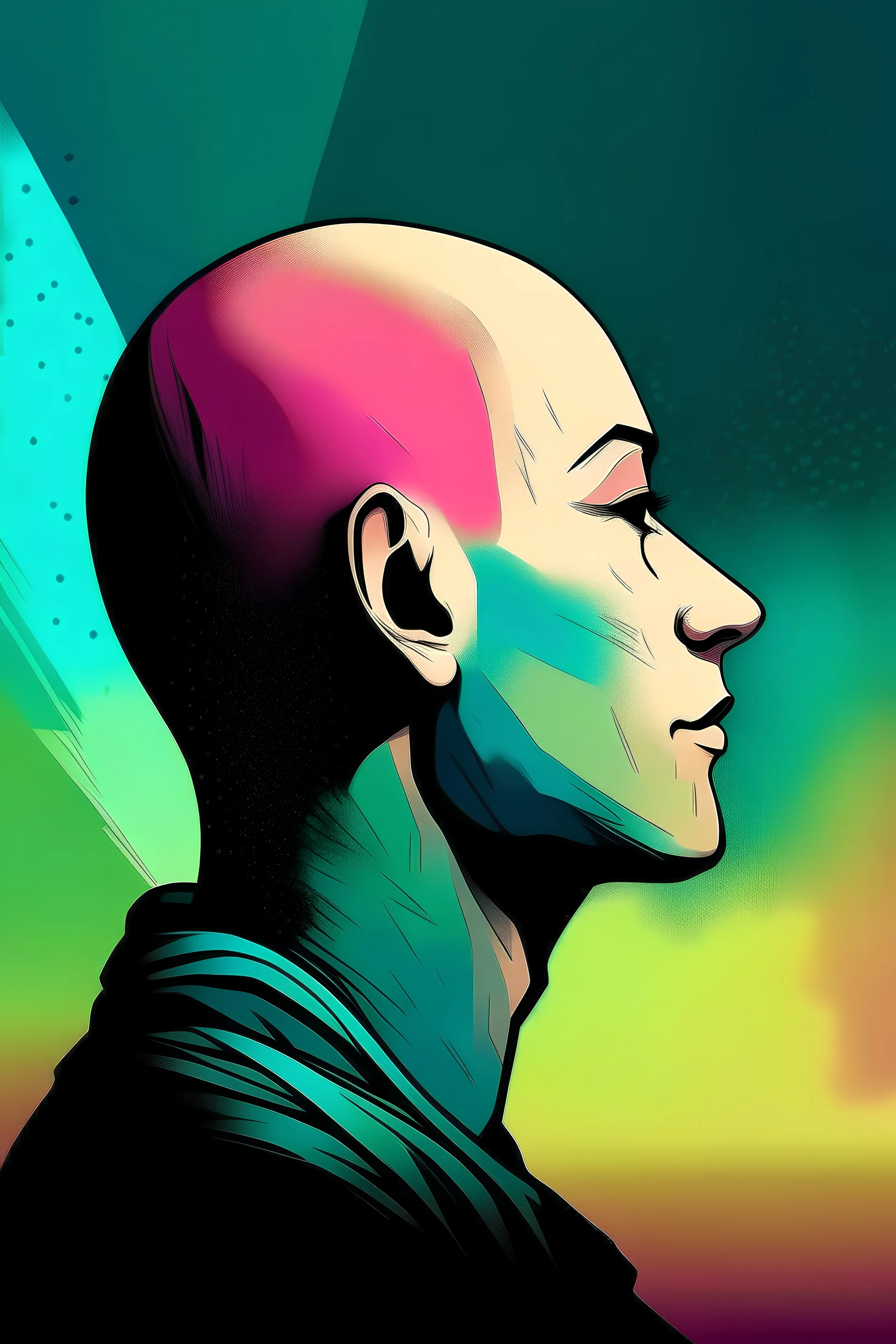 Make a portrait of a androgen bald people face look up in profile silhouette , outter space background, retrofuturistic colors, art deco style 2d, high detalhism