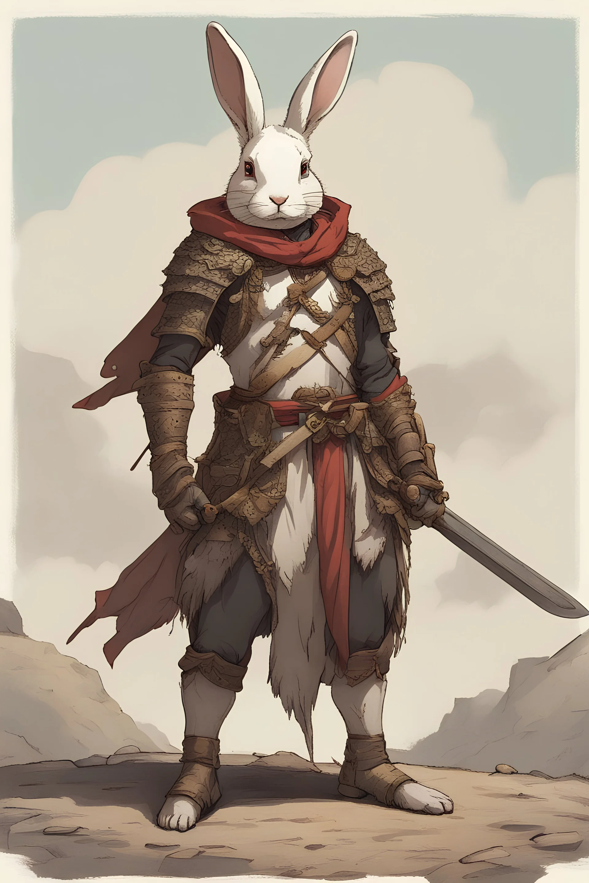 Frontal View of a Rabbit Warrior, wearing a cloak, with battle field background