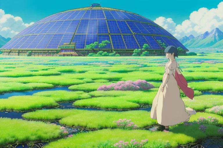 An exuberant landscape shot capturing the moment of transition from the post-apocalyptic world to a solar punk future. The image features a sprawling biodome flourishing with greenery, infused with sustainable, solar-powered structures that seamlessly blend with nature. Yui stands atop one of these structures, a radiant sun behind her, her arms outstretched as if embracing the new world. Her eyes, visible even at a distance, shimmer with the reflection of a greener, cleaner future."