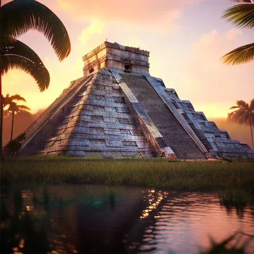 Chichen Itza, sunset, rainbow sunset, waterfall palms twigs spring sunset rainbow bridge birds unreal engine 5, realistic, hyper detailed, 8k