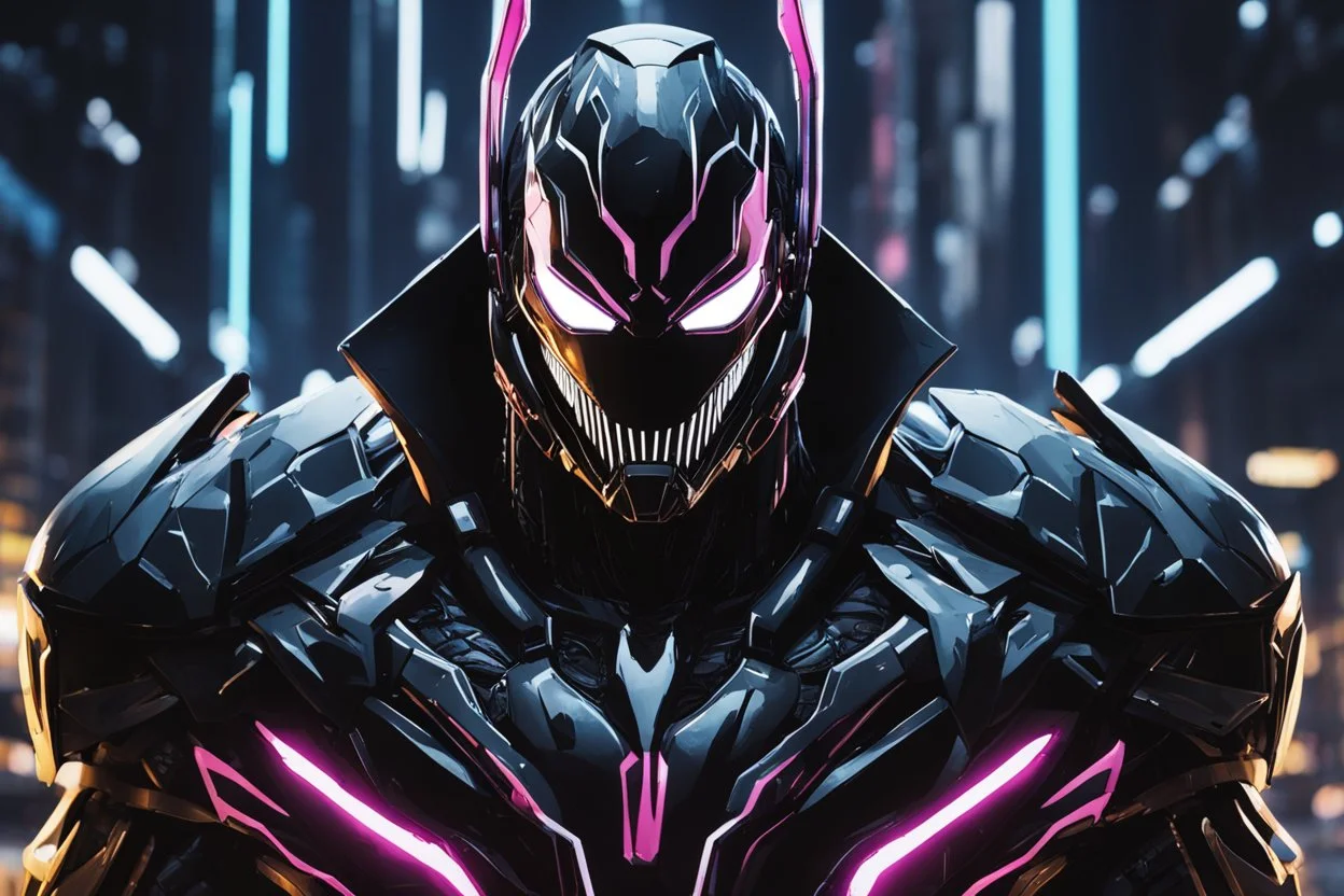 Venom Shredder in 8k solo leveling shadow artstyle, iron man them, close picture, rain, Shredder helmet, neon lights, intricate details, highly detailed, high details, detailed portrait, masterpiece,ultra detailed, ultra quality